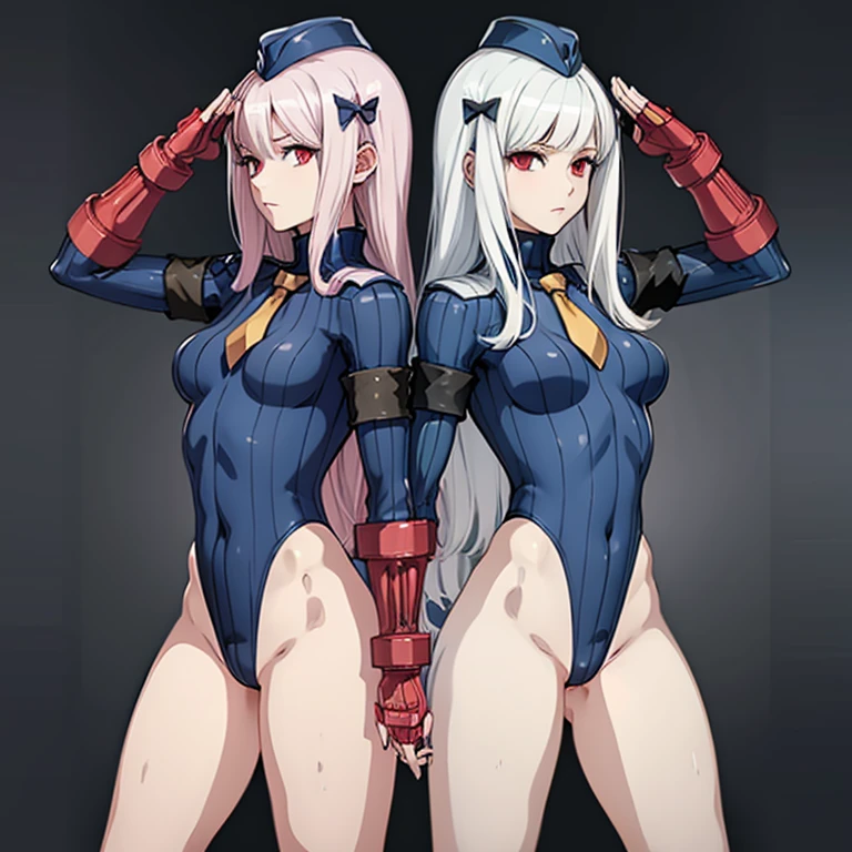 ultra-detailed, , Beautiful body, Beautiful Nose, Beautiful character design, perfect eyes, perfect face, ultra highres, 4K, beautiful legs, perfect legs, Nice hands, Perfect hand, Masterpiece, Best Quality, Highly detailed, illustration, absurdres, street fighter, doll suit, shadaloo doll, dollsuit, expressionless, blank eyes, looking at viewer, red gloves, emotionless, black latex, corrution, mind control, female combatant, full body, hypnotized, unhappy trance, full body suit, ribbed , both arms at side, obey, perfect female body, extremely glossy latex, hypnosis, hypnoLora, empty eyes, Mind control device, poses, submissive_pose, Slave, hat, necktie, stand up straight, standing, standing at attention, hat, necktie, belt, latex, ribbed , thighhighs, garter belt, Fighting Stance, extending the right arm from the shoulder into the air with a straightened hand,  saluting, military, military saluting, salute, thigh boots, 1girl, my next life as a villainess: all routes lead to doom!, otome game no hametsu flag shika nai akuyaku reijou ni tensei shiteshimatta, SophiaAscart, long hair, hair ribbon, white hair, long hair, red eyes
