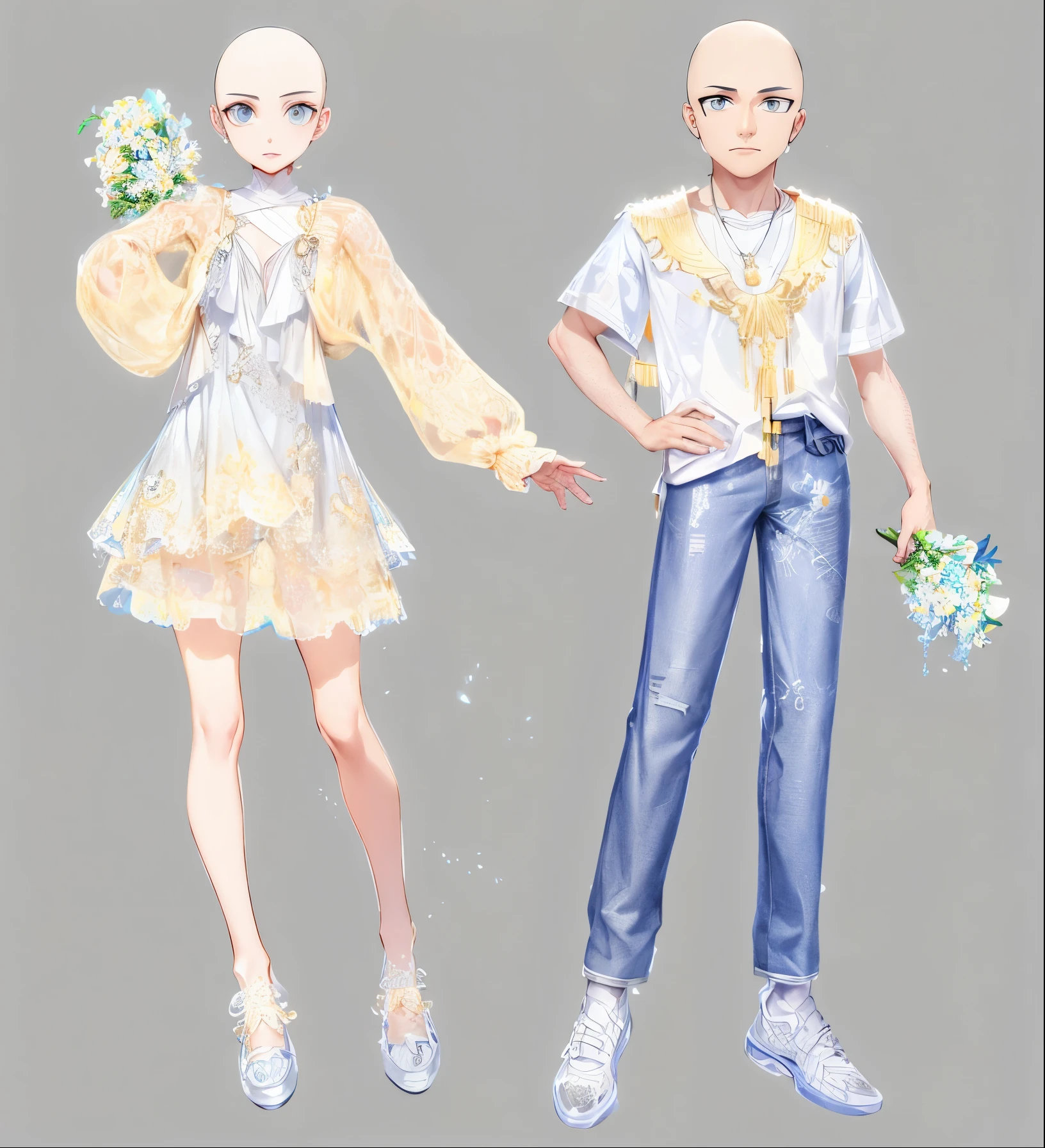 Anime drawing of a man and a clothed woman, clothing design, fashion concept art, clothing designs, lunar themed attire, Meticulous clothes, clear clothing design, long term wear, Flowing clothes, Full body character design, clothing concept, style anime, very detailed and rich clothing, detailed full-body concept, Diverse clothing, high quality character design, clothes high detail