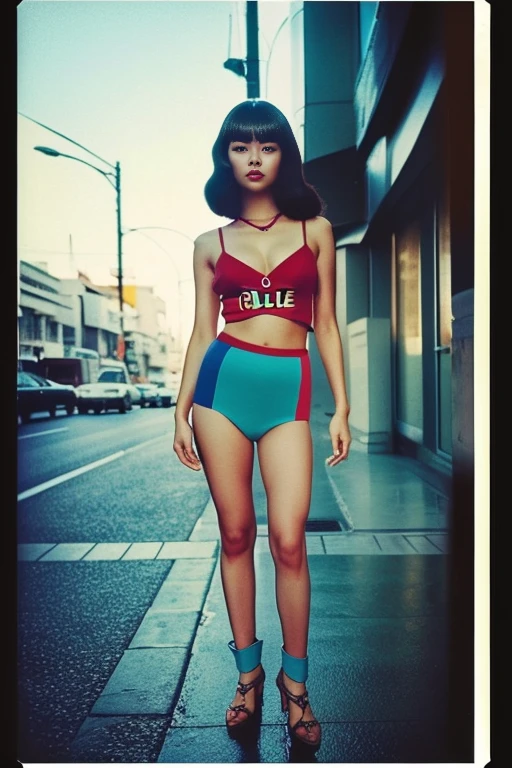 (full body:1.5)(portra 400:1.3)(instant film:1.3)( standing 1 woman in a retro vintage fashion:1.2)1 woman, Korean idols, japanese beauty, high quality, (detailed face:1.5) best quality, 8k,afterdark, twilight.