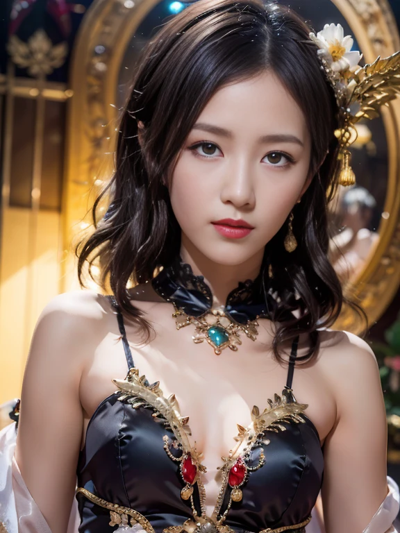 Portrait of a young saint of 20 years old, Saint with a beautiful and super cute face,Wearing a very thin and  Ao Dai, Beautiful cute face, There is a deep slit in the chest、Black and white lace trim attractive Ao Dai, Beautiful face without blemish, Lovely smile, ((7 colors of hair length:1.2)), Big Crown, Hair brooch, Hamf Dress, Chinese ancient style, Full Body Jewelry, The female saint's  is round、It's so full,small , Innocent face, The most beautiful and detailed pale red lipstick, ((thin plump lips:0.3)), Delicate pink and white eyes (White and detailed) Cinematic, Light and Darkness, Dramatic Lighting, magical light, Highly detailed light, True Color, Super sharp, Realistic, The 8k quality, Fantasy universe background, Saints and magical spaces, The most detailed image, Solo, saints, ((See the saint's upper body directly:0.4)), ((:0.5)),