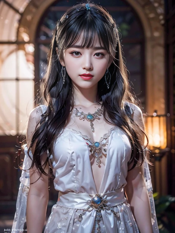 fly to pieces、best quality、illustration、 Excellent details、great details、 high resolution、Dende 8K wallpaper、Perfect dynamic composition、beautiful girl, 24 years old、clear、beautiful, detailed face、beautiful eyes with details、textured skin、Faint smile、Medium bust、sexy poses、ชุดcosplay snow queen outfit , blurred background., professional studio lighting