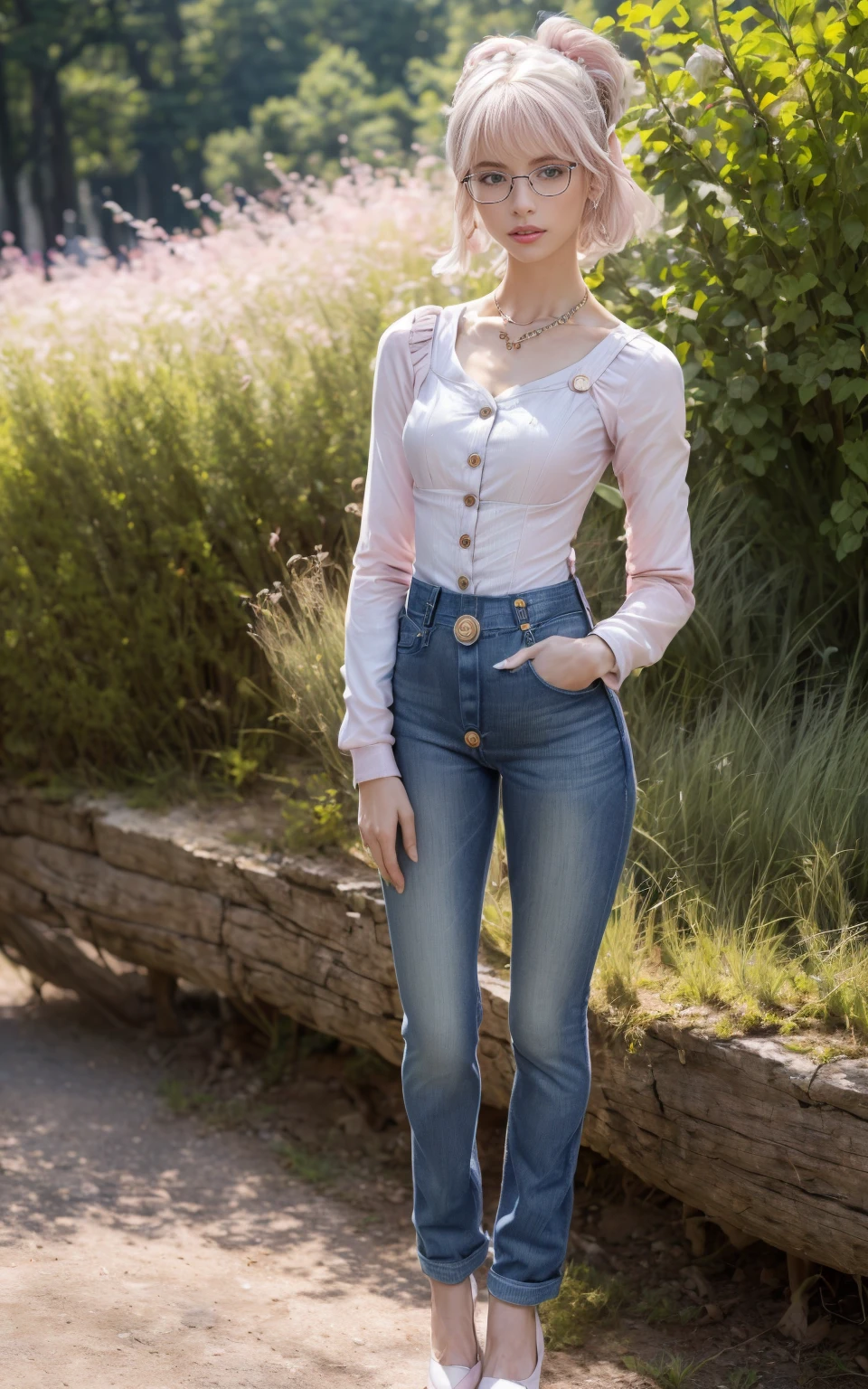 (8K, Masterpiece, RAW photo, Best quality, detail:1.3), (ultra realistic Natural background, scenary:1.5), Depth of field, Cinematic light, (ultra realistic face), (1 picture of 1 solo girl Airim Jones:1.6), 1girl, (Beautiful and elegant Russian girl), (skinny girl with glasses), (European face:1.3), (perfect complete full body:1.6), (full body shot including shoes:1.6), (small necklace, collarbone:1.1), ( [bangs|pigtails|bob|pixie] hair:1.5), (ultra detailed skin:1.4), (sexy [white|pink] top:1.6), (Button-Fly Blue Jeans:1.6), (perfect standing pose:1.5), (perfect long legs:1.4)