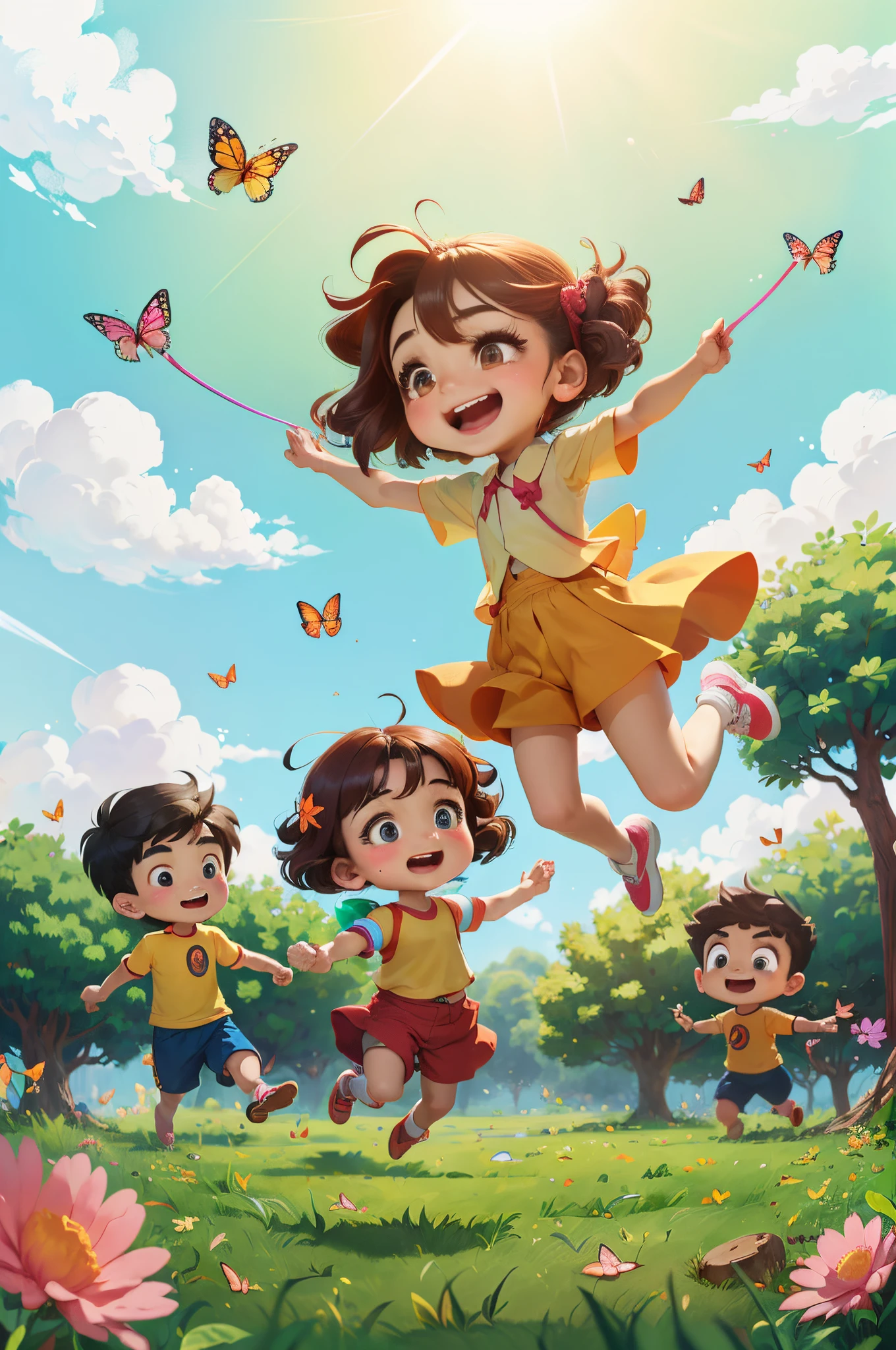 2 Head body anime，Children，5个孩子在grassy fields上快乐玩耍，Two young boys catch butterflies with butterfly nets，Three ***********s jumping rope，grassy fields，rios，and the sun was shining brightly