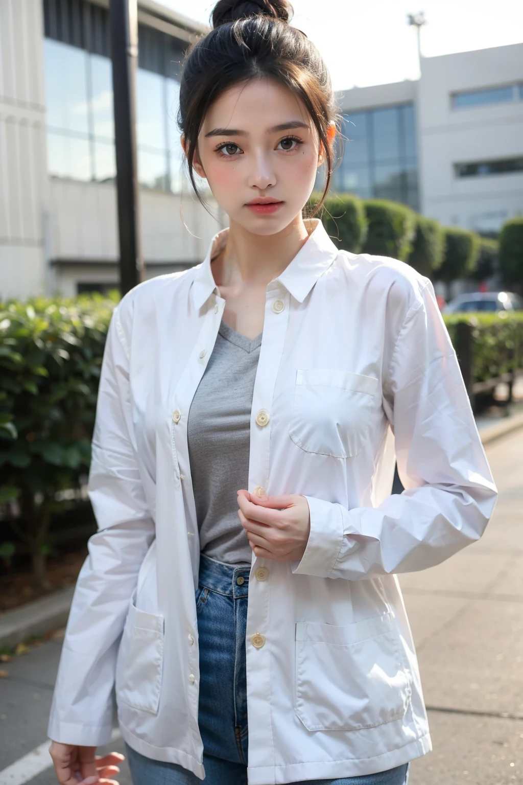 ((Best quality at best)), ((tmasterpiece)), (Detailed pubic hair), The background is in front of the factory，natural classic face，Hold the folder，The mouth is talking，long sleeve work uniform，Hair tied up，中景 the scene is