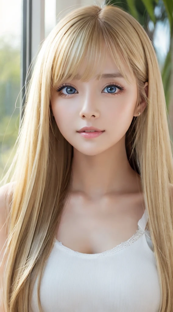 Authentic photo quality、Extraordinary sexy beauty、White Pretty Girl、Beautiful calm and bright expression、Sexy refreshing look、Perfect beautiful cute face with long bangs、Super long bright shiny blonde straight hair、beautiful face blonde、Very cute beautiful sexy young little woman、Very perfect beautiful cute face、Very beautiful bright light blue big eyes、very big eyes、White beautiful skin、Glossy skin、Gloss skin、Teak Gloss、Small face beauty