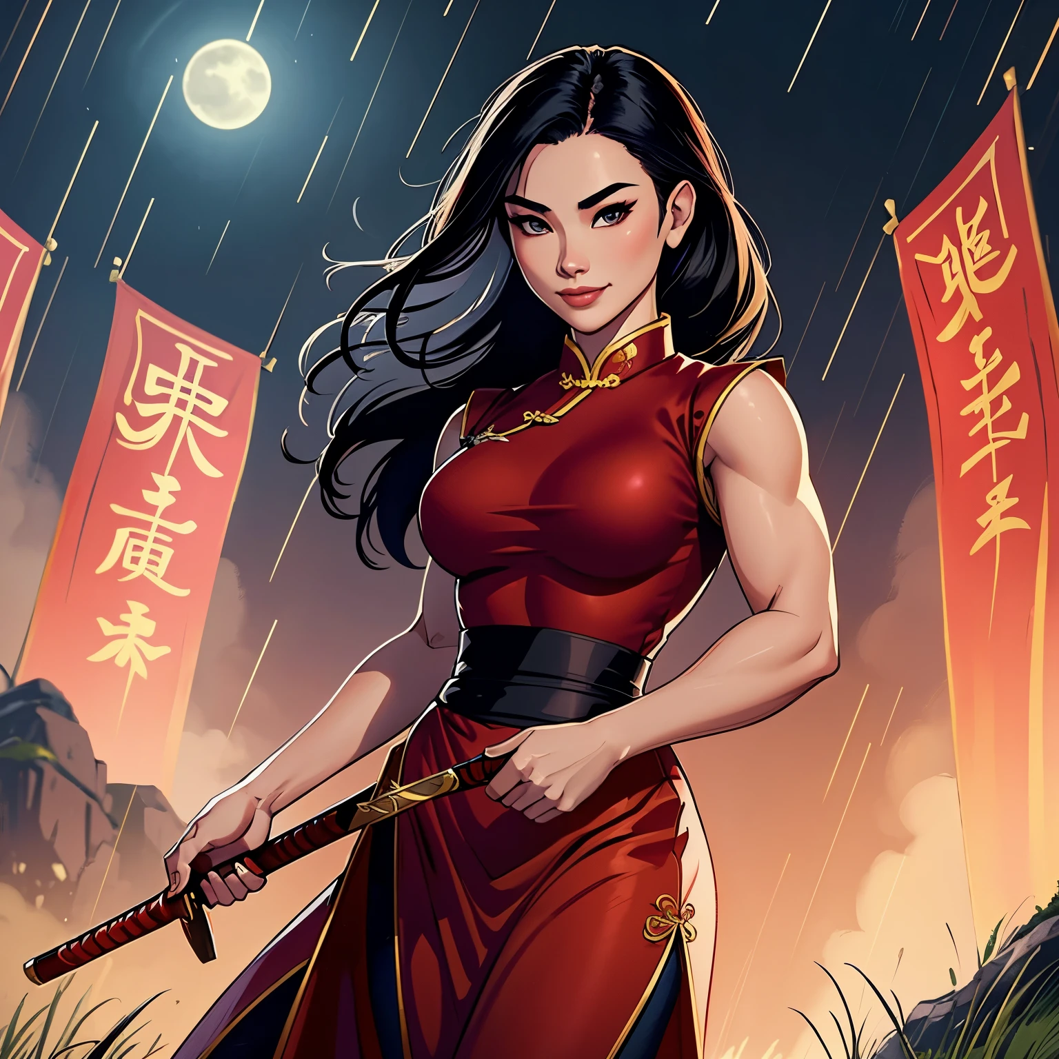 mulan, 1girl solo focus, young women, black hair, (wearing red chinese dress, pants:1.3), cheerful, close smile, muscular physique, strong arms, praticing a sword technique, grassy terrain background, rainy, night sky, moonlight, 16k, extremely detailed, ultra quality face, proportional posture, medium shots, masterpiece, realistic, looking at viewer