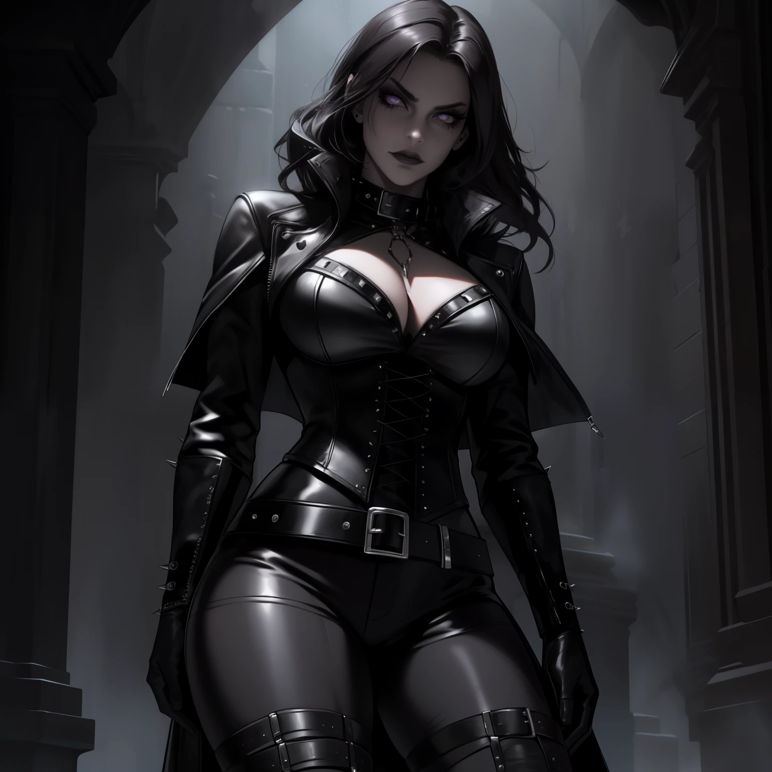 mature muscular gothic female,slutty leather outfit,goth makeup,(ALONE)(SOLO),dark,luxurious,high contrast lighting,moody atmosphere,gritty texture,emerging from shadows,dramatic pose,mysterious,strong presence,confident gaze,piercing eyes,fierce expression,fit physique,detailed facial features,flowing dark hair,elaborate accessories,leather corset,spiked collar,studded belt,black leather gloves,thigh-high boots,provocative attitude,standing against a backdrop of crumbling stone walls,vintage gothic architecture,hauntingly beautiful surroundings,vivid colors,purple and black color scheme,dramatic shadows,dramatic lighting,gothic ambiance,stark contrasts,breathtaking realism+(best quality,4k,8k,highres,masterpiece:1.2),ultra-detailed,photorealistic:1.37,portraits,horror