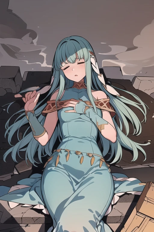 Ninian is lovingly languid in active castle battle after losing a tough battle, lieing lifeless and inert on debris, rubble, and smoke surrounds her. Ninian is in a terrible and weak state. Her tea-length dress has brown dust and black stains on it; Ninian takes slow and painful breaths and her blue and gold open-toe stilletos are cracked. She cannot move from her prone position lieing on her back, unable to open her eyes or breath. (Ninian), (blue hair, blue eyes, small shapely breast, long hair, clammy and dirty face), (Dress), (long tea-length blue drenched dress, bare shoulders, more small jewlery, brown dust and black stains on dress, languid in a dark grey murky castle battle, anguished facial expression, closed eyes, open mouth, shallow labored painful breaths) (anguished closed eyes:1), (Ninian languid, prone on her back, defeated in rubble, heavy smoke, and smoke exhales from her:1.5), Ninian is listless and motionless in a dark grey smokey castle:1.0, Ninian is sullied and dirty:1.2, (Ninian lieing in debris and a dust cloud:1.0), inside has rubble and dust and scraps of metal, two blue and gold open-toe stilletoes around her (4K quality, high quality, 4k quality Ninian and dress:1.0), (solo, one person, 1girl:1.5), ninian fe, red eyes, long dress, jewelry, dancer