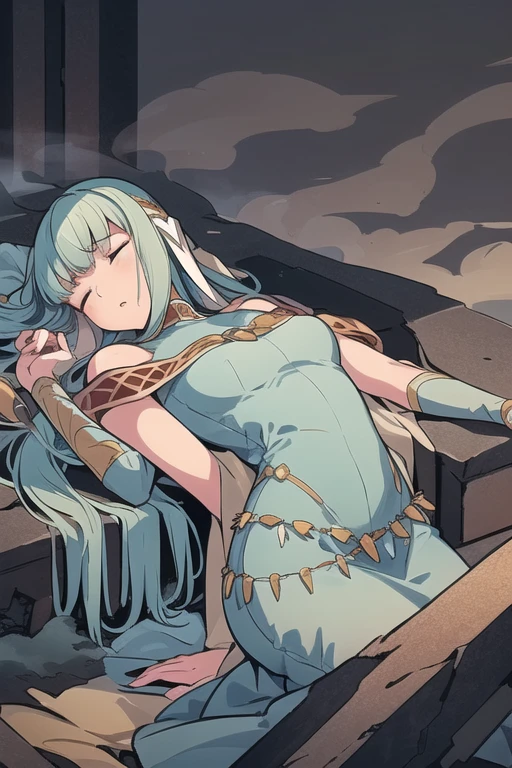 Ninian  lovingly languid in active castle battle after losing a tough battle, lieing lifeless and inert on debris, rubble, and smoke surrounds her. Ninian  in a terrible and weak state. Her tea-length dress has brown dust and black stains on it; Ninian takes slow and painful breaths and her blue and gold open-toe stilletos are cracked. She cannot move from her prone position lieing on her back, unable to open her eyes or breath. (Ninian), (blue hair, blue eyes, small shapely breast, long hair, clammy and dirty face), (Dress), (long tea-length blue drenched dress, bare shoulders, more small jewlery, brown dust and black stains on dress, languid in a dark grey murky castle battle, anguished facial expression, closed eyes, open mouth, shallow labored painful breaths) (anguished closed eyes:1), (Ninian languid, prone on her back, defeated in rubble, heavy smoke, and smoke exhales from her:1.5), Ninian  listless and motionless in a dark grey smokey castle:1.0, Ninian  sullied and dirty:1.2, (Ninian lieing in debris and a dust cloud:1.0), inside has rubble and dust and scraps of metal, two blue and gold open-toe stilletoes around her (4K quality, high quality, 4k quality Ninian and dress:1.0), (solo, one person, 1girl:1.5), ninian fe, red eyes, long dress, jewelry, dancer