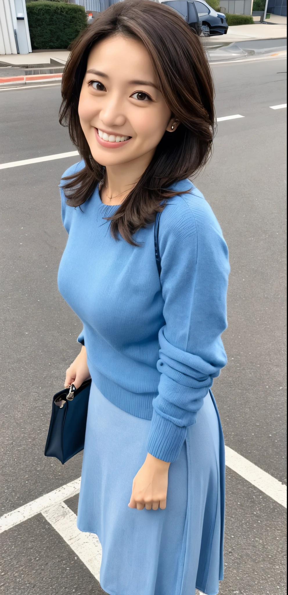 (extremely realistic photographs, high resolusion, Detailed face, Detailed eyes) thin japanese woman, 35 years old, 1 girl, cute smile face, Various hairstyles, skinny body shape, (round breasts:1.3), very thin waist,sky blue knit sweater,White tight skirt,Medium Hair, in a street, ((fully body photo)),Posing with movement