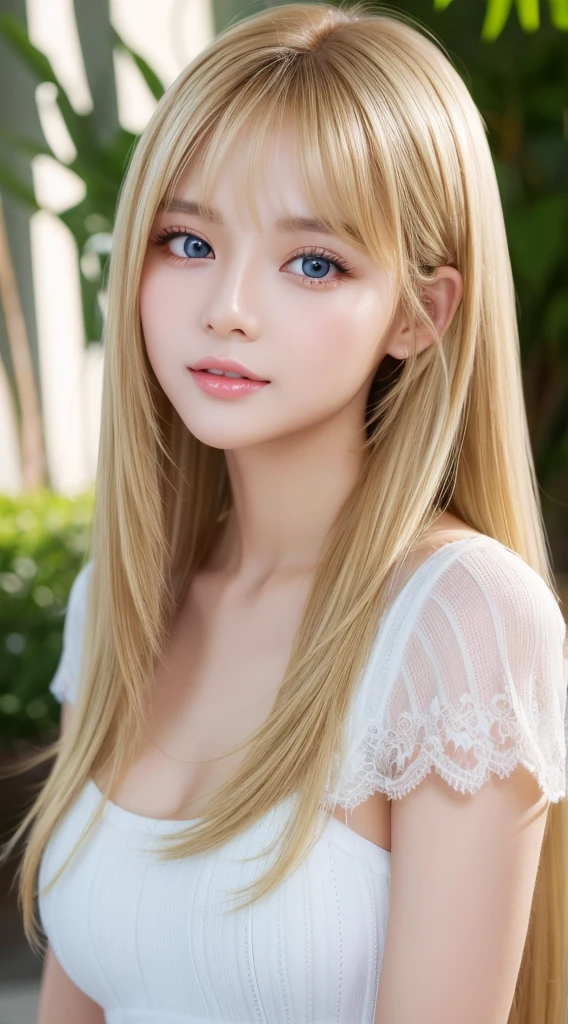 Authentic photo quality、Extraordinary sexy beauty、White Pretty Girl、Beautiful calm and bright expression、Sexy refreshing look、Perfect beautiful cute face with long bangs、Super long bright shiny blonde straight hair、beautiful face blonde、Very cute beautiful sexy young little woman、Very perfect beautiful cute face、Very beautiful bright light blue big eyes、very big eyes、White beautiful skin、Glossy skin、Gloss skin、Teak Gloss、Small face beauty、cheek highlights