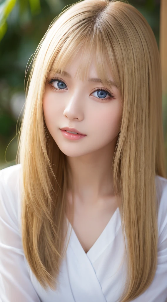 Authentic photo quality、Extraordinary sexy beauty、White Pretty Girl、Beautiful calm and bright expression、Sexy refreshing look、Perfect beautiful cute face with long bangs、Super long bright shiny blonde straight hair、beautiful face blonde、Very cute beautiful sexy young little woman、Very perfect beautiful cute face、Very beautiful bright light blue big eyes、very big eyes、White beautiful skin、Glossy skin、Gloss skin、Teak Gloss、Small face beauty、cheek highlights