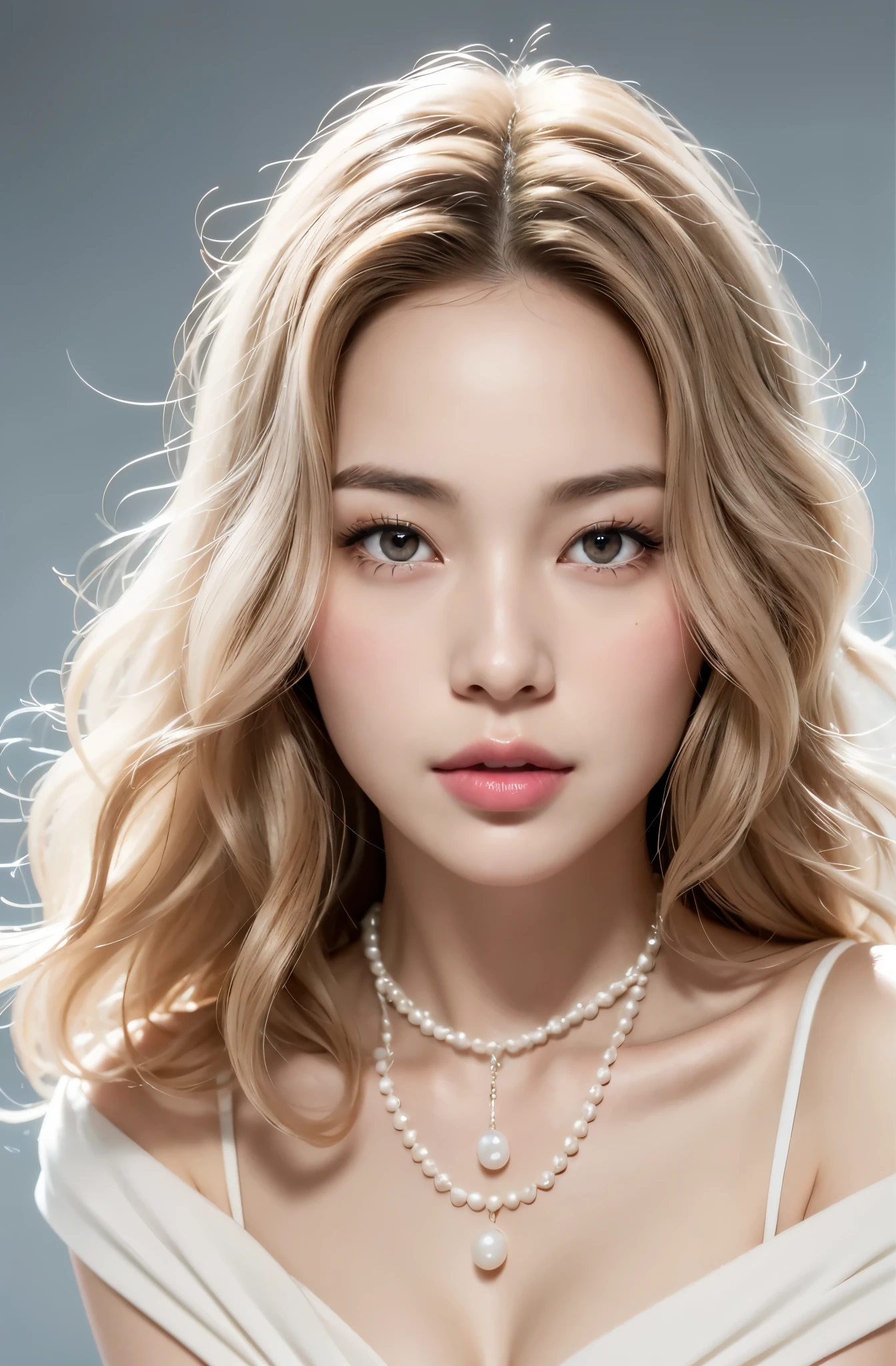 Realistic, Super Detailed, Beautiful, Slender, Cute, 30s, Beautiful Face, Actress, Mature, Upper Body, Light Brown Hair, Thin Hair, Small Face, Live Action, Best Quality, Very Elaborate CG Unity 8K Wallpaper, Ultra High Definition, Natural Fashion, Lighting, Medium Hair, (Puffy Eyes), Model Figure, Light Hair, Turning Pose, Ash Beige Hair, Model Pose, Studio shooting, white background, delicate skin quality, light curly hair close to straight hair, hands around mouth, adult clothes, hair model shoot, hair fluttering in the wind, transparent hair, elaborate hair fineness, soft hair, fine skin, bright photos, little hair