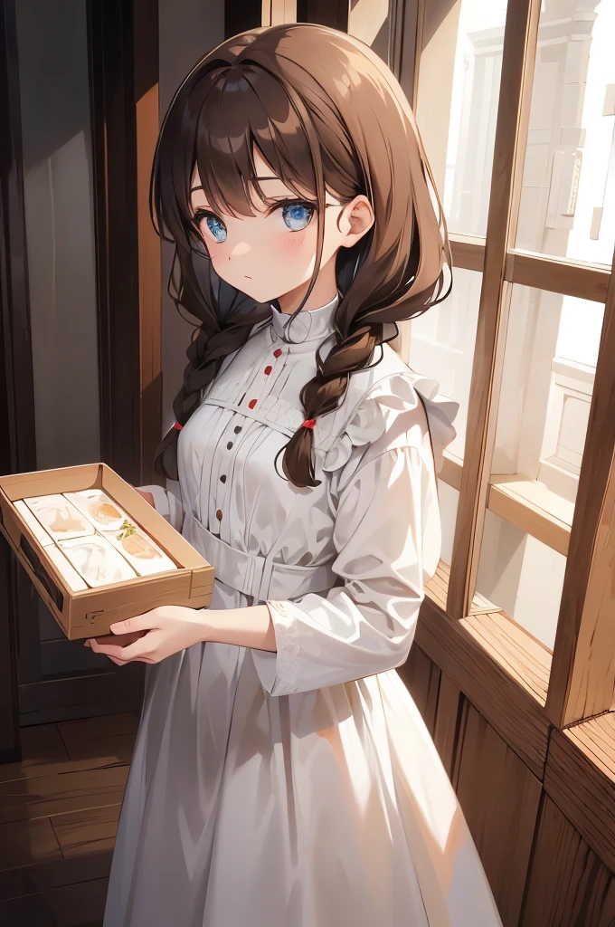 young girl, brown hair, blue hair rope, two braids, white gown, holding a white alabaster box, holy, church background