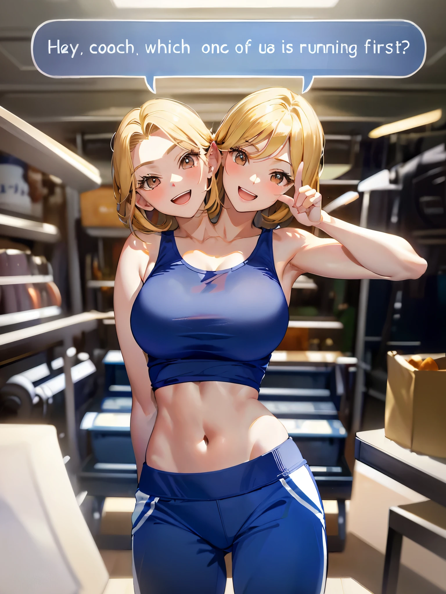 Your influencer character(sexy milf boobs) with short blonde hair dressed in gym cloths working out in the gym by herself lovely expression bright coloring smily face.