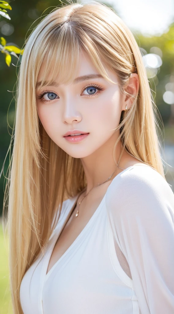 Authentic photo quality、Extraordinary sexy beauty、White Pretty Girl、Beautiful calm and bright expression、Sexy refreshing look、Perfect beautiful cute face with long bangs、Super long bright shiny blonde straight hair、beautiful face blonde、Very cute beautiful sexy young little woman、Very perfect beautiful cute face、Very beautiful bright light blue big eyes、very big eyes、White beautiful skin、Glossy skin、Gloss skin、Teak Gloss、Small face beauty、cheek highlights