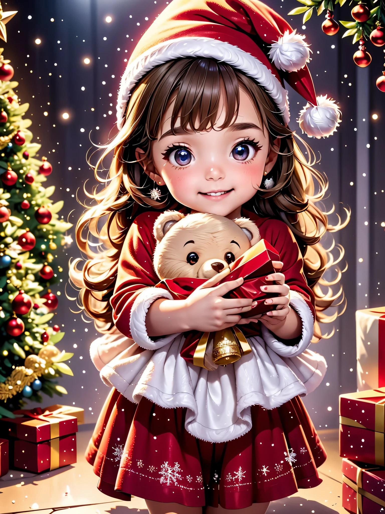 (best quality, highres), A 5--old l opening a Christmas gift, (joyful, excited), detailed expression of happiness, sparkling eyes, a wide smile [curly-haired girl], dressed in a charming red party outfit [red dress, shiny shoes], delicate little hands [red painted nails] holding the gift box carefully, colorful wrapping paper [shimmering, sparkly] with a golden bow, a cozy warm room [fireplace, Christmas tree], soft glowing lights [twinkling, warm], snowflakes falling outside [winter wonderland] creating a magical atmosphere, a glimpse of a teddy bear [fluffy, huggable] peeking out from under the Christmas tree, the room filled with anticipation and love, capturing the essence of the festive holiday spirit.