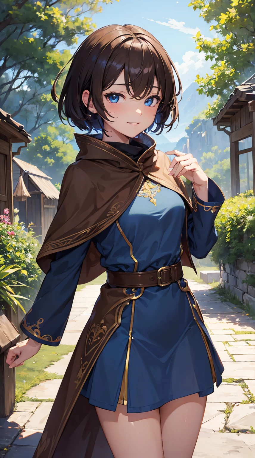 (masterpiece), (best quality), (4K) , (ultra resolution), (Super detailed)1 anime girl, baby blue short hair, brown cloak,brown dress, smirk, cute eyes, blue eyes, detailed face, detailed eyes