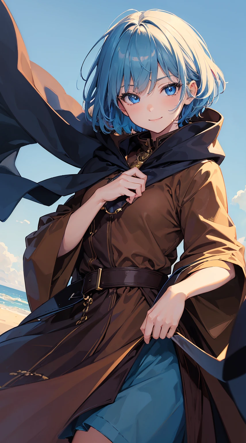 (masterpiece), (best quality), (4K) , (ultra resolution), (Super detailed)1 anime girl,  blue short hair, brown cloak,brown dress, smirk, cute eyes, blue eyes, detailed face, detailed eyes