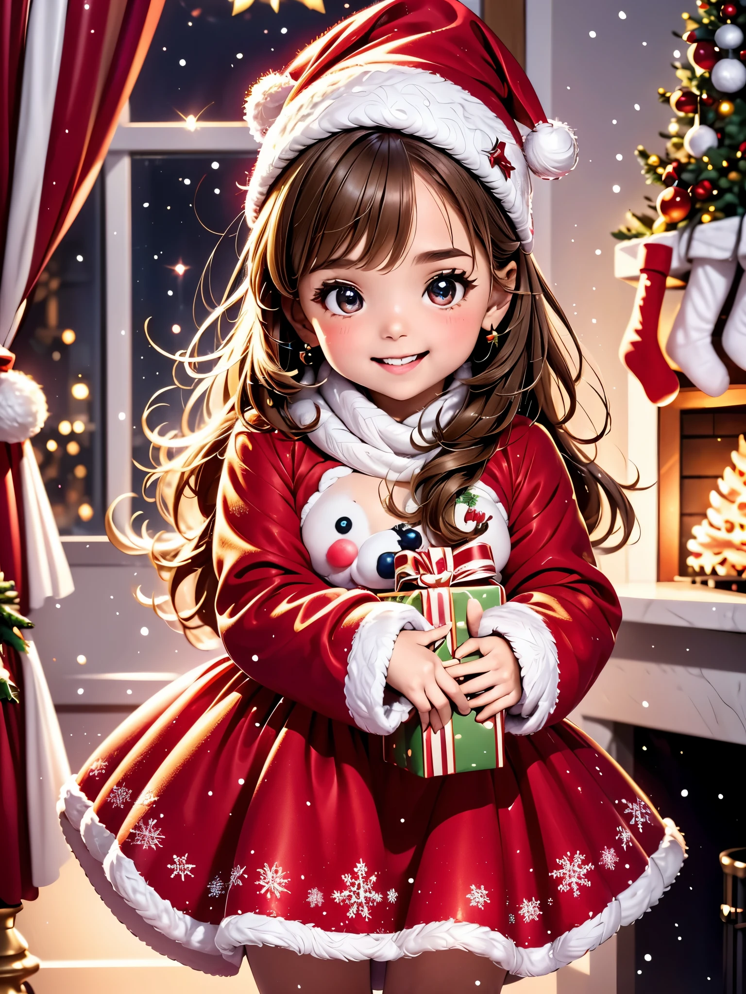 (best quality, highres), A 5-year-old girl opening a Christmas gift, (joyful, excited), detailed expression of happiness, sparkling eyes, a wide smile [curly-haired girl], dressed in a charming red party outfit [red dress, shiny shoes], delicate little hands [red painted nails] holding the gift box carefully, colorful wrapping paper [shimmering, sparkly] with a golden bow, a cozy warm room [fireplace, Christmas tree], soft glowing lights [twinkling, warm], snowflakes falling outside [winter wonderland] creating a magical atmosphere, a glimpse of a teddy bear [fluffy, huggable] peeking out from under the Christmas tree, the room filled with anticipation and love, capturing the essence of the festive holiday spirit.