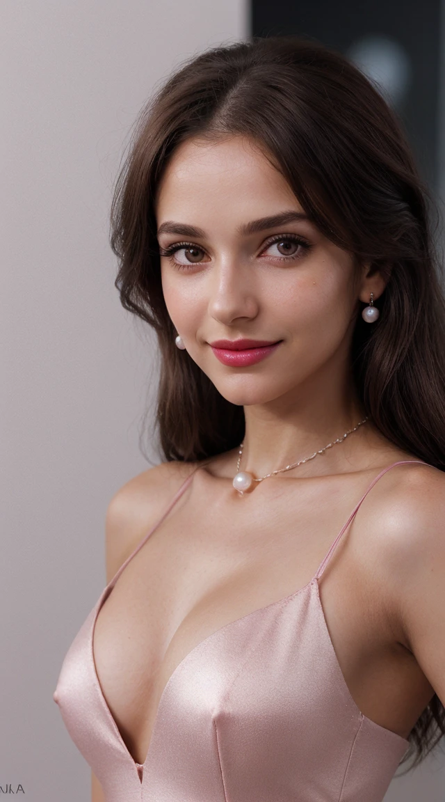 1mujer, (realista:0.75), brown hair, Cabello largo, ojos negros, feliz,  de asuka evangelion, small breast, realistic pearl skin, pearl jewellery, dark jet pink lipstick, pink silk drees, ultra realistic skin texture, shy, blushing, smile, breathtaking, many eye lashes,  realistic eye brows,  hot pose, lovely look, depth of field, look like love at firstsite, gloss skin, shiny skin