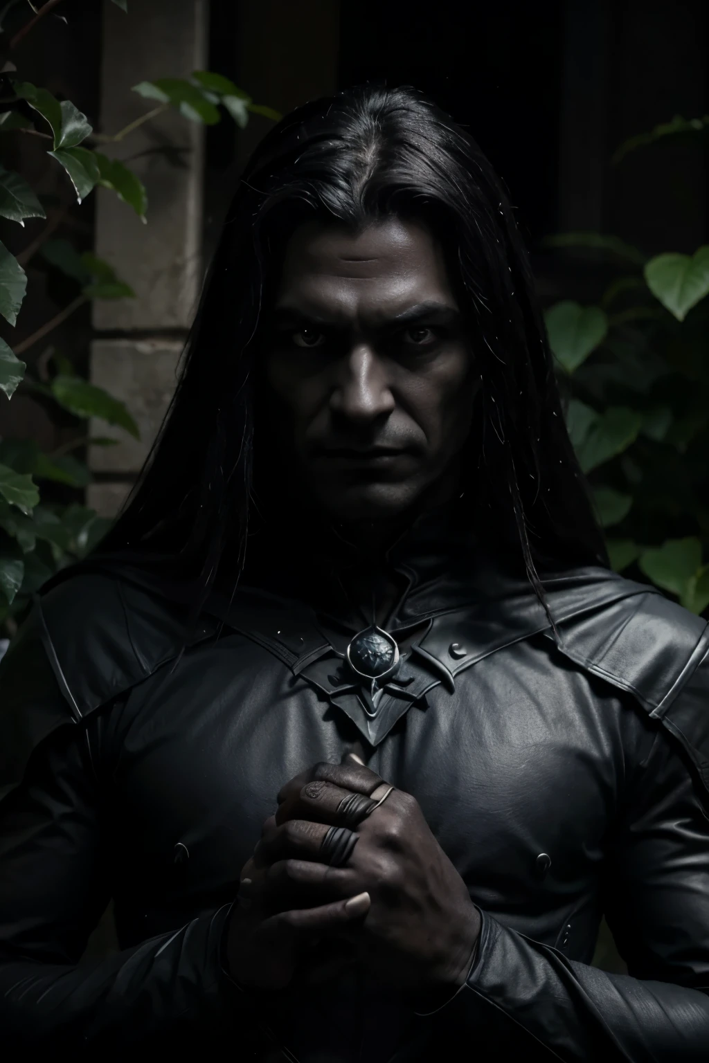 The dark villain is a dark and sinister figure, envolta em um manto negro e olhos brilhantes que emanam maldade. He uses dark magic to threaten the garden and its magical inhabitants..