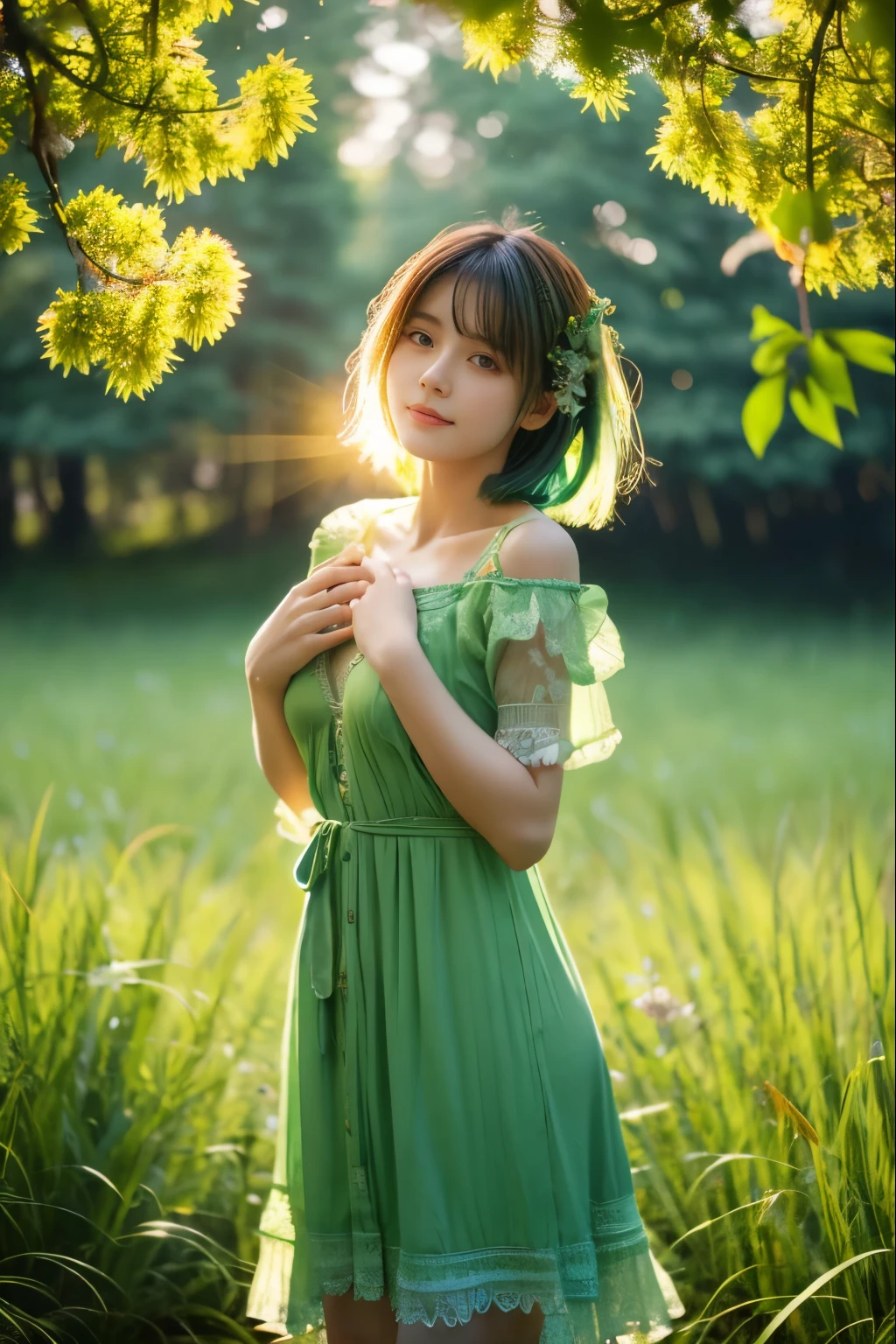 Best Quality, 4K, 8K, hight resolution, masterpiece, Ultra-detailed, Realistic, Cinematic lighting, Beautiful detailed glow,Light leak, amazing, Intricate details, Photorealistic, Green hair, A cute Japanese woman, Small breasts,"「Embrace of Nature」image themed on. This scene features a natural-looking woman., Green environment, like a forest or grassland, Embrace the beauty of nature. she is interacting with the surrounding elements, touch the tree、smell the flowers. Her clothing and pose should reflect a deep connection with nature, probably wearing a dress, Sexy,
