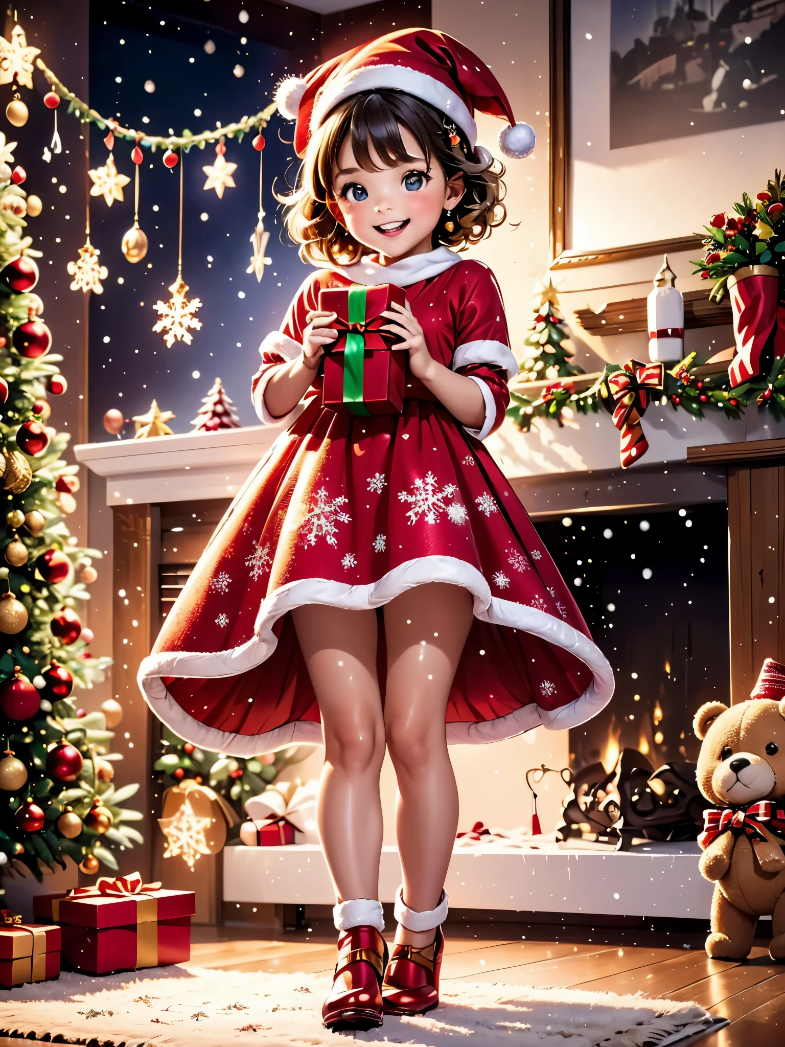 (best quality, highres), A 5-year-old girl opening a Christmas gift, (joyful, excited), detailed expression of happiness, sparkling eyes, a wide smile [curly-haired girl], dressed in a charming red party outfit [red dress, shiny shoes], delicate little hands [red painted nails] holding the gift box carefully, colorful wrapping paper [shimmering, sparkly] with a golden bow, a cozy warm room [fireplace, Christmas tree], soft glowing lights [twinkling, warm], snowflakes falling outside [winter wonderland] creating a magical atmosphere, a glimpse of a teddy bear [fluffy, huggable] peeking out from under the Christmas tree, the room filled with anticipation and love, capturing the essence of the festive holiday spirit.