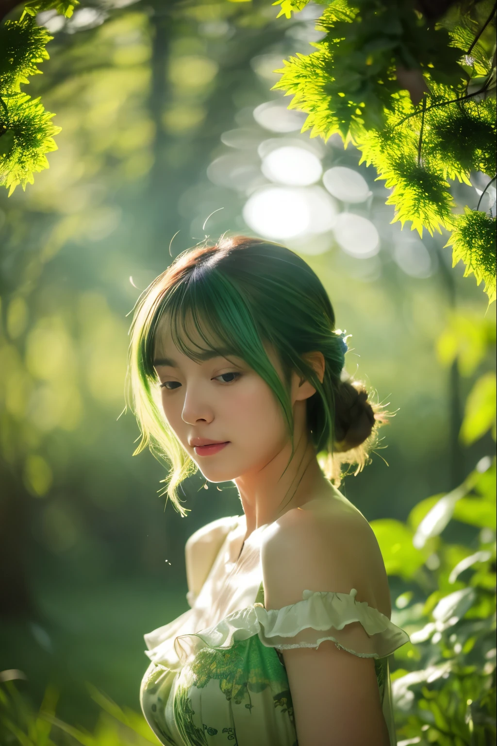 Best Quality, 4K, 8K, hight resolution, masterpiece, Ultra-detailed, Realistic, Cinematic lighting, Beautiful detailed glow,Light leak, amazing, Intricate details, Photorealistic, Green hair, A cute Japanese woman, Small breasts,"「Embrace of Nature」image themed on. This scene features a natural-looking woman., Green environment, like a forest or grassland, Embrace the beauty of nature. she is interacting with the surrounding elements, touch the tree、smell the flowers. Her clothing and pose should reflect a deep connection with nature, probably wearing a dress, Sexy,