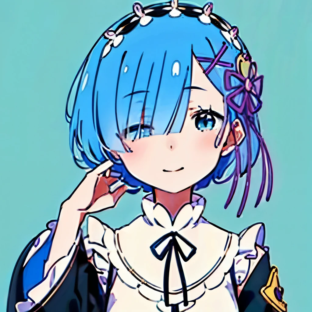 超A high resolution, Best aesthetic, Top quality depiction of the foot, Put on a jacket,  blue hair on the back, Flat Avatar,  Anime visuals of cute girls, Cute art style, Chibi,  Shorthair, White headband, is shy, A smile, hair adornments,draw a picture on ○○ ,  simple background, 耳环, jewely, side locks, large oval eyes,