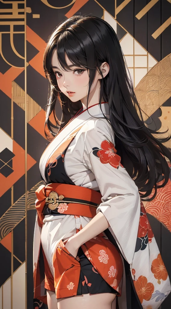((8k wallpaper of extremely detailed CG unit, masterpiece, hight resolution, top-quality, top-qualityのリアルテクスチャスキン)), (a very beautiful woman, 45 degree diagonal composition, Seductive look, Plump lips, The upper part of the body, Hands in pockets:1.5, Japanese pattern micro mini shorts:1.2, Japanese pattern haori:1.2, Clothes that are a fusion of Japanese and modern:1.2), (A dark-haired, hair messy, de pele branca, small tit), ((Colorful background with geometric patterns, Japanese pattern background, warm color)), (hyper realisitic, digitial painting),