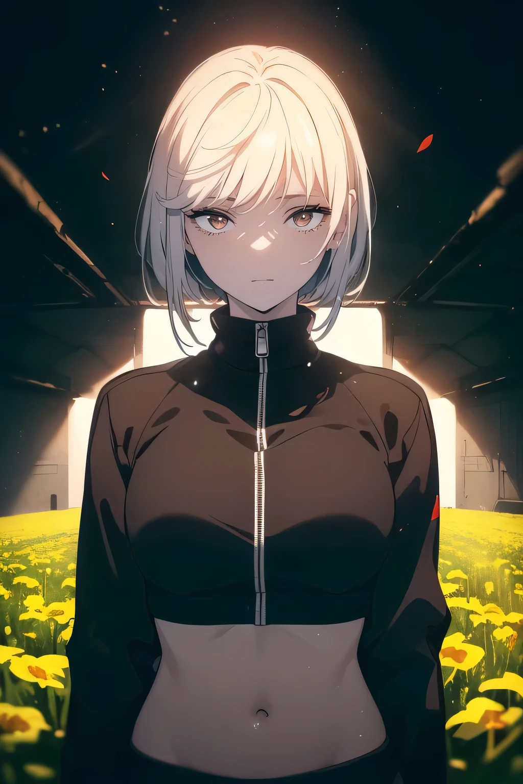 ((((Obra maestra, La mejor calidad, ultrahigh resolution)))), 1girl, standing, (((wearing a black tracksuit))), (short hair in view, in frame), pale skin, ((brown eyes)), (glowing_eyes, luminescent eyes), (ultra detailed eyes:0.7, beautiful and detailed face, detailed eyes:0.9), ((centered)), smile, ((wide shot)), facing viewer, (((vibrant background of outdoors, field of flowers, bright lighting, summer, sunlight))), flat chested, looking at viewer, ((perfect hands)), ((head:1, hips, elbows, arms, in view)), ((hands behind back)), beautiful lighting, defined subject, (18 years old), ((cool looking)), ((sun glare))