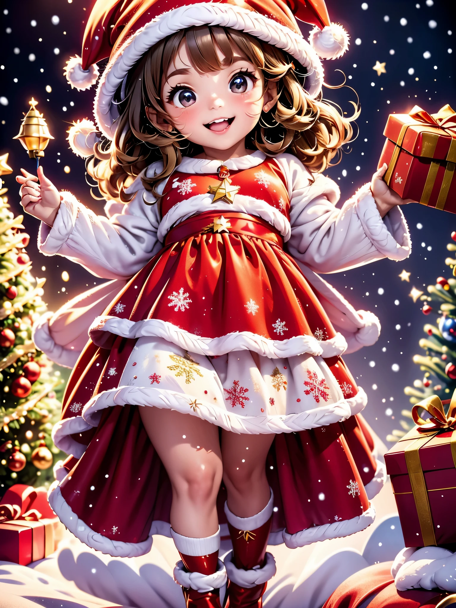 (best quality, highres), A 5--old l opening a Christmas gift, (joyful, excited), detailed expression of happiness, sparkling eyes, a wide smile [curly-haired girl], dressed in a charming red party outfit [red dress, shiny shoes], delicate little hands [red painted nails] holding the gift box carefully, colorful wrapping paper [shimmering, sparkly] with a golden bow, a cozy warm room [fireplace, Christmas tree], soft glowing lights [twinkling, warm], snowflakes falling outside [winter wonderland] creating a magical atmosphere, a glimpse of a teddy bear [fluffy, huggable] peeking out from under the Christmas tree, the room filled with anticipation and love, capturing the essence of the festive holiday spirit.