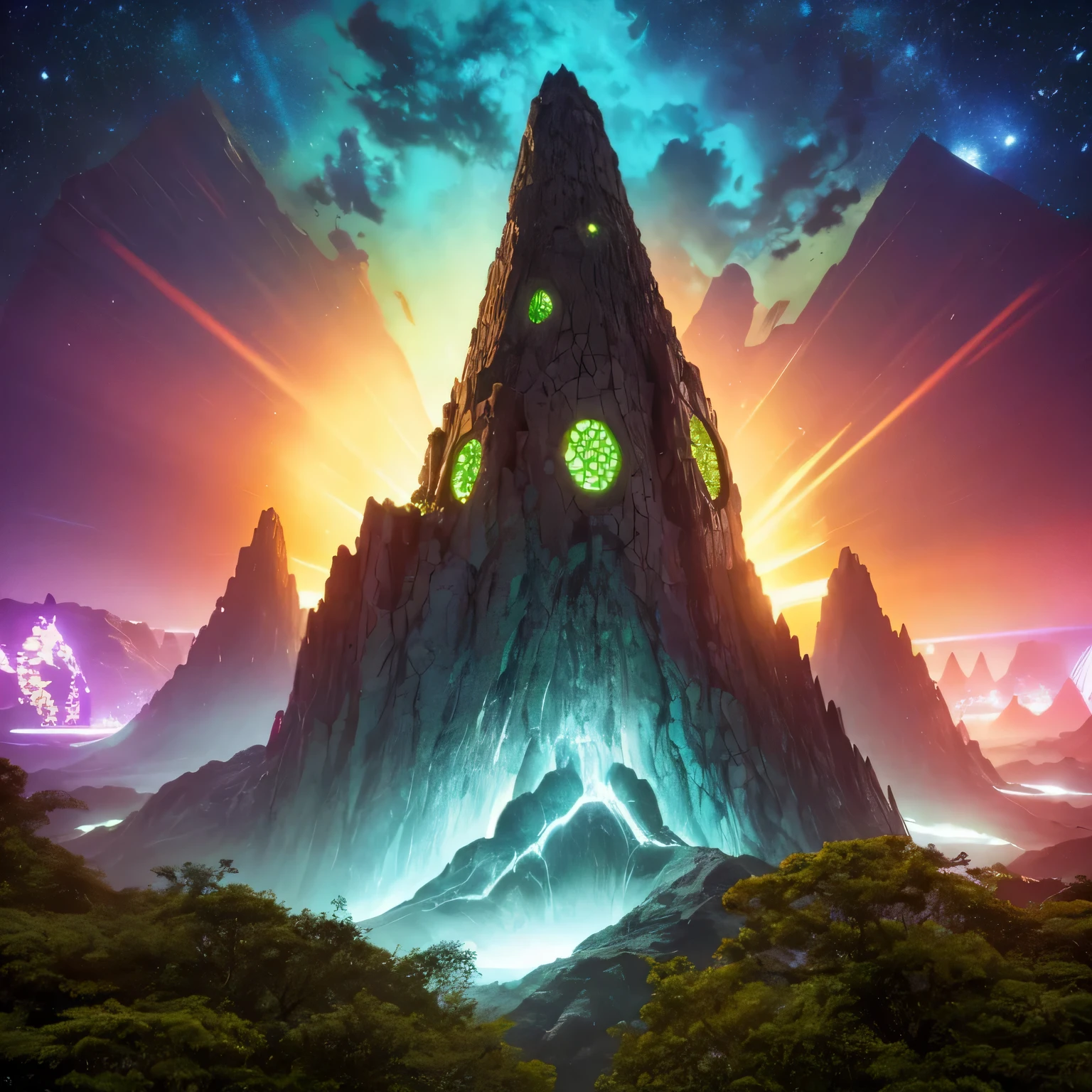 Alien Hexagonal Base (very detailed nipples) In a hexagonal mountain oasis，There are several hexagonal exhaust fans and chimneys, some neon lights projecting from the base，Light up the dark night), There are some clouds in the night sky, Some surrounding planets provide air to unknown planets，The most remote giant hexagonal volcano erupts，the rainforest
