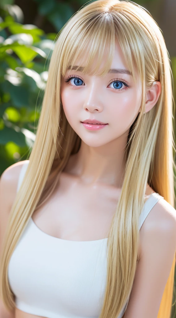 Authentic photo quality、Extraordinary sexy beauty、White Pretty Girl、Beautiful calm and bright expression、Sexy refreshing look、Perfect beautiful cute face with long bangs、Super long bright shiny blonde straight hair、beautiful face blonde、Very cute beautiful sexy young little woman、Very perfect beautiful cute face、Very beautiful bright light blue big eyes、very big eyes、White beautiful skin、Glossy skin、Gloss skin、Teak Gloss、Small face beauty、cheek highlights