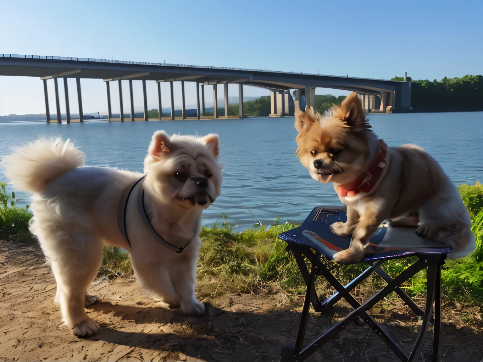 Generate front-facing photos of the two dogs,Remove photo background,Generate new photos of university library backgrounds
