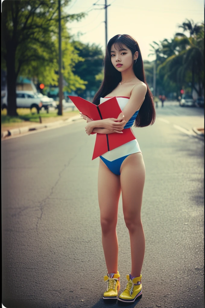 (full body:1.5)(portra 400:1.3)(instant film:1.3)( standing 1 woman in a retro vintage fashion:1.2)1 woman, Korean idols, japanese beauty, high quality, (detailed face:1.5) best quality, 8k,afterdark, twilight.