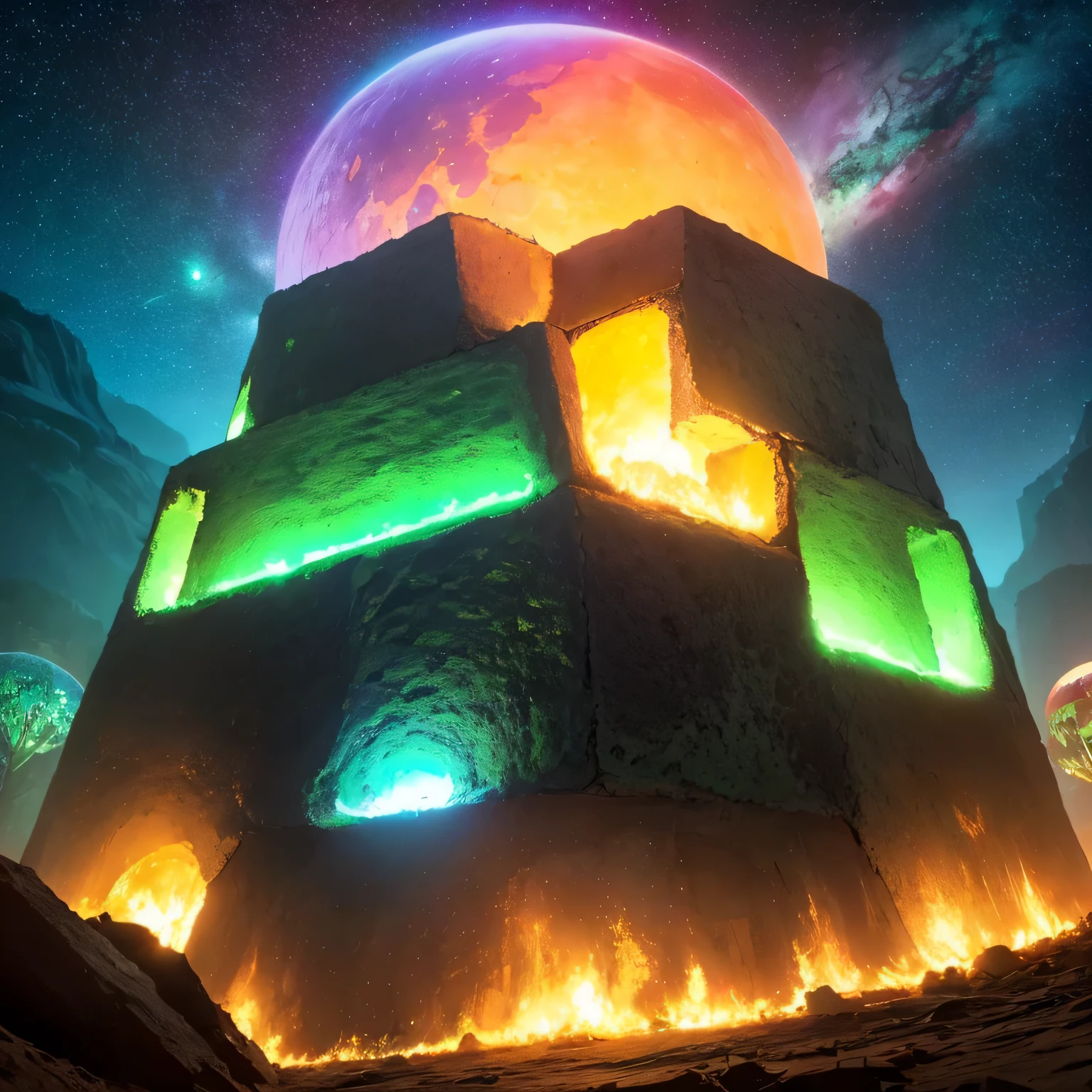 Alien Hexagonal Base (very detailed nipples) In a hexagonal mountain oasis,There are several hexagonal exhaust fans and chimneys, some neon lights projecting from the base,Light up the dark night), There are some clouds in the night sky, Some surrounding planets provide air to unknown planets,The most remote giant hexagonal volcano erupts,the rainforest