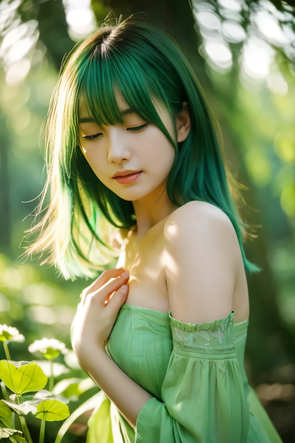 Best Quality, 4K, 8K, hight resolution, ​masterpiece, Ultra-detailed, Realistic, Cinematic lighting, Beautiful detailed glow,Light leak, amazing, Intricate details, Photorealistic, Green hair, A cute Japanese woman, Small breasts,"「Embrace of Nature」image themed on. This scene features a natural-looking woman., Green environment, like a forest or grassland, Embrace the beauty of nature. she is interacting with the surrounding elements, touch the tree、smell the flowers. Her clothing and pose should reflect a deep connection with nature, probably wearing a dress, Sexy,