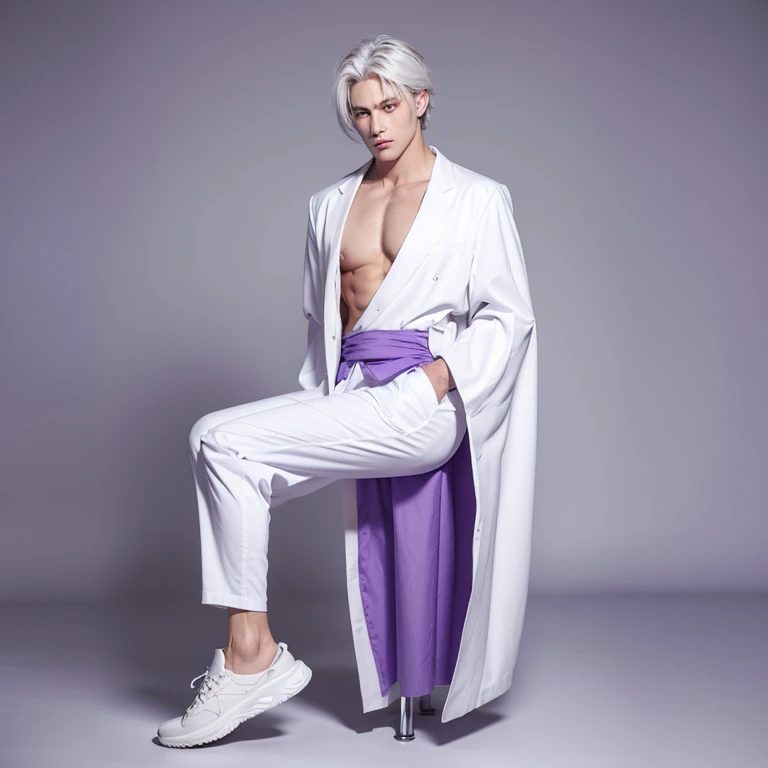 1 man handsome man white hair short hair purple eyes white lashes full body masculine pose