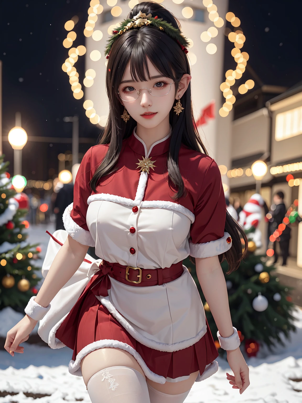 (masterpiece:1.3), live wallpaper, top-quality, Beautifully Aesthetic:1.2, ((1 girl)), solo, (red and white colors christmas uniform, shirt, long skirt), (black brown Hair, Straight hair, short hair), detailed face, detailed eyes, detailed ears, detailed lips, ((eye-glasses)), (perfect body (firm breast, nicely shaped breasts, slender figure)), (arms behind back), (Upper body shot:1.1), (From front:1.3), (Looking at viewer, smiling), (elegant stylish contraposto pose:1.2), (walking on the modern street at Christmas night with snow:1.3), christmas night, christmas tree, christmas gifts, snow, ((At the middle of christmas celebration decorated for christmas :1.2)), intricate background, ultra realistic background