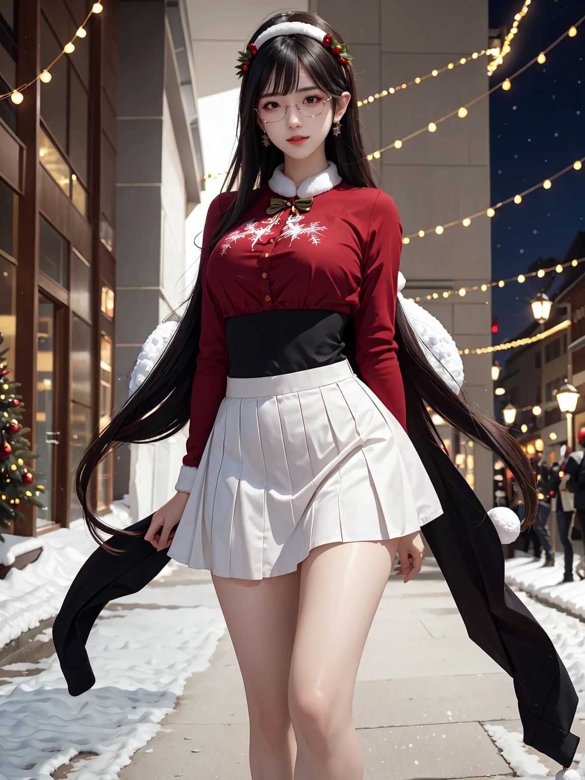 (masterpiece:1.3), live wallpaper, top-quality, Beautifully Aesthetic:1.2, ((1 girl)), solo, (red and white colors christmas uniform, shirt, long skirt), (black brown Hair, Straight hair, short hair), detailed face, detailed eyes, detailed ears, detailed lips, ((eye-glasses)), (perfect body (firm breast, nicely shaped breasts, slender figure)), (arms behind back), (Upper body shot:1.1), (From front:1.3), (Looking at viewer, smiling), (elegant stylish contraposto pose:1.2), (walking on the modern street at Christmas night with snow:1.3), christmas night, christmas tree, christmas gifts, snow, ((At the middle of christmas celebration decorated for christmas :1.2)), intricate background, ultra realistic background