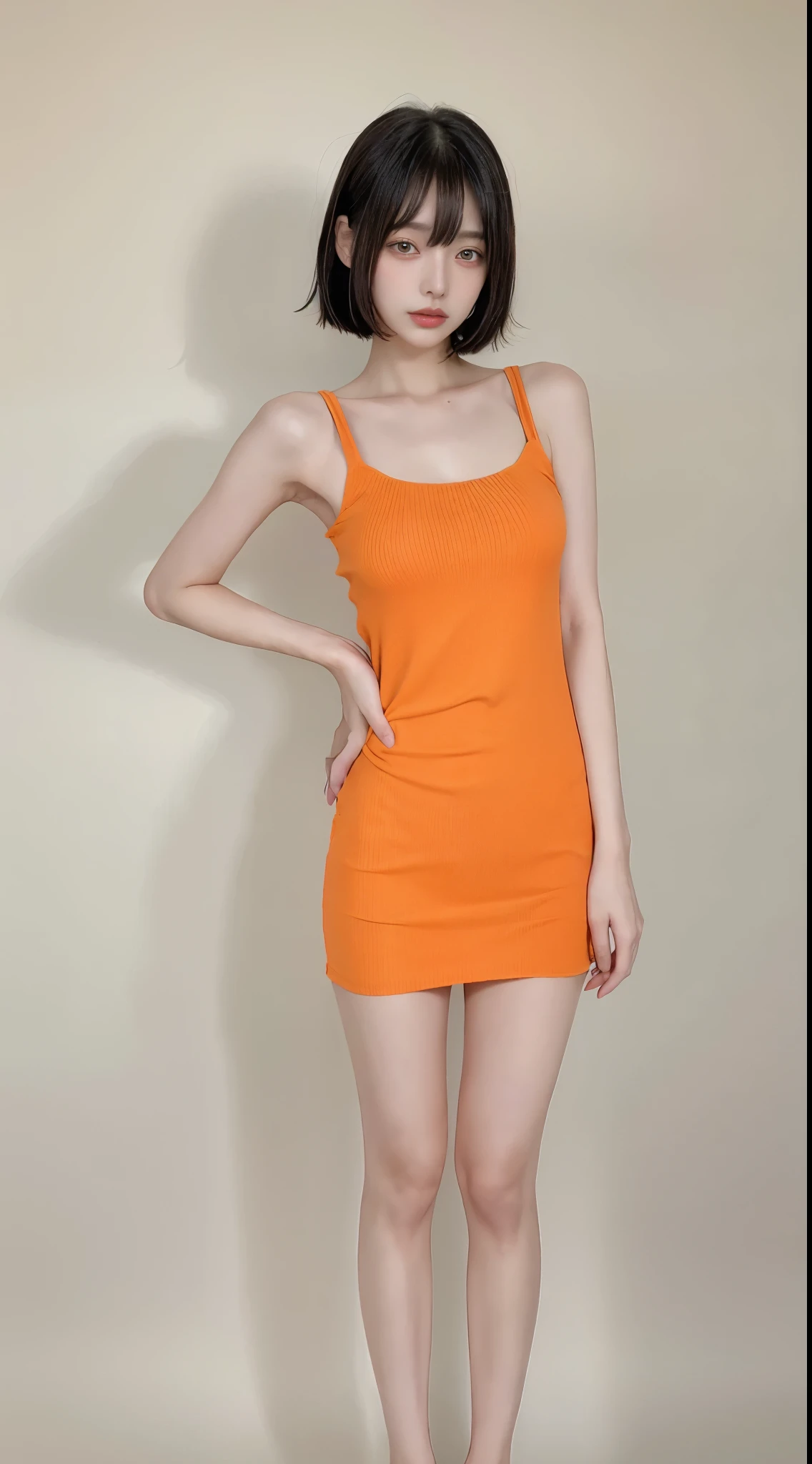 Best quality, A high resolution,,HD original photos,orange one,slim beauty 1,black bob hair,Full body photo of the front,sexyposture