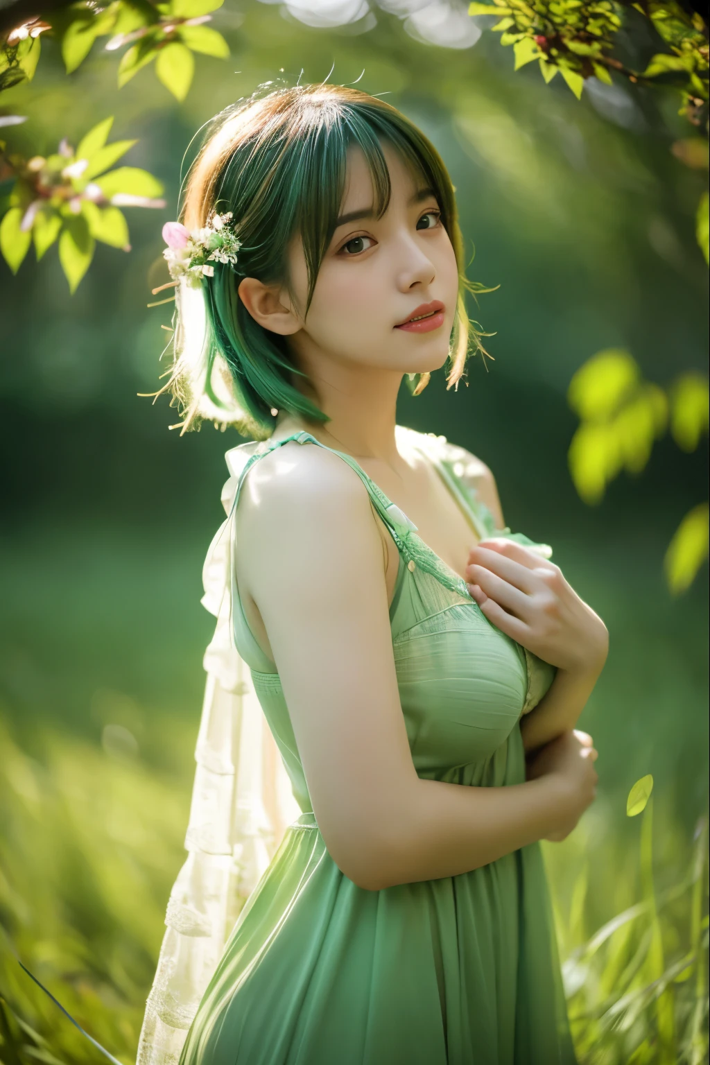 Best Quality, 4K, 8K, hight resolution, masterpiece, Ultra-detailed, Realistic, Cinematic lighting, Beautiful detailed glow,Light leak, amazing, Intricate details, Photorealistic, Green hair, A cute Japanese woman, Small breasts,"「Embrace of Nature」image themed on. This scene features a natural-looking woman., Green environment, like a forest or grassland, Embrace the beauty of nature. she is interacting with the surrounding elements, touch the tree、smell the flowers. Her clothing and pose should reflect a deep connection with nature, probably wearing a dress, Sexy,
