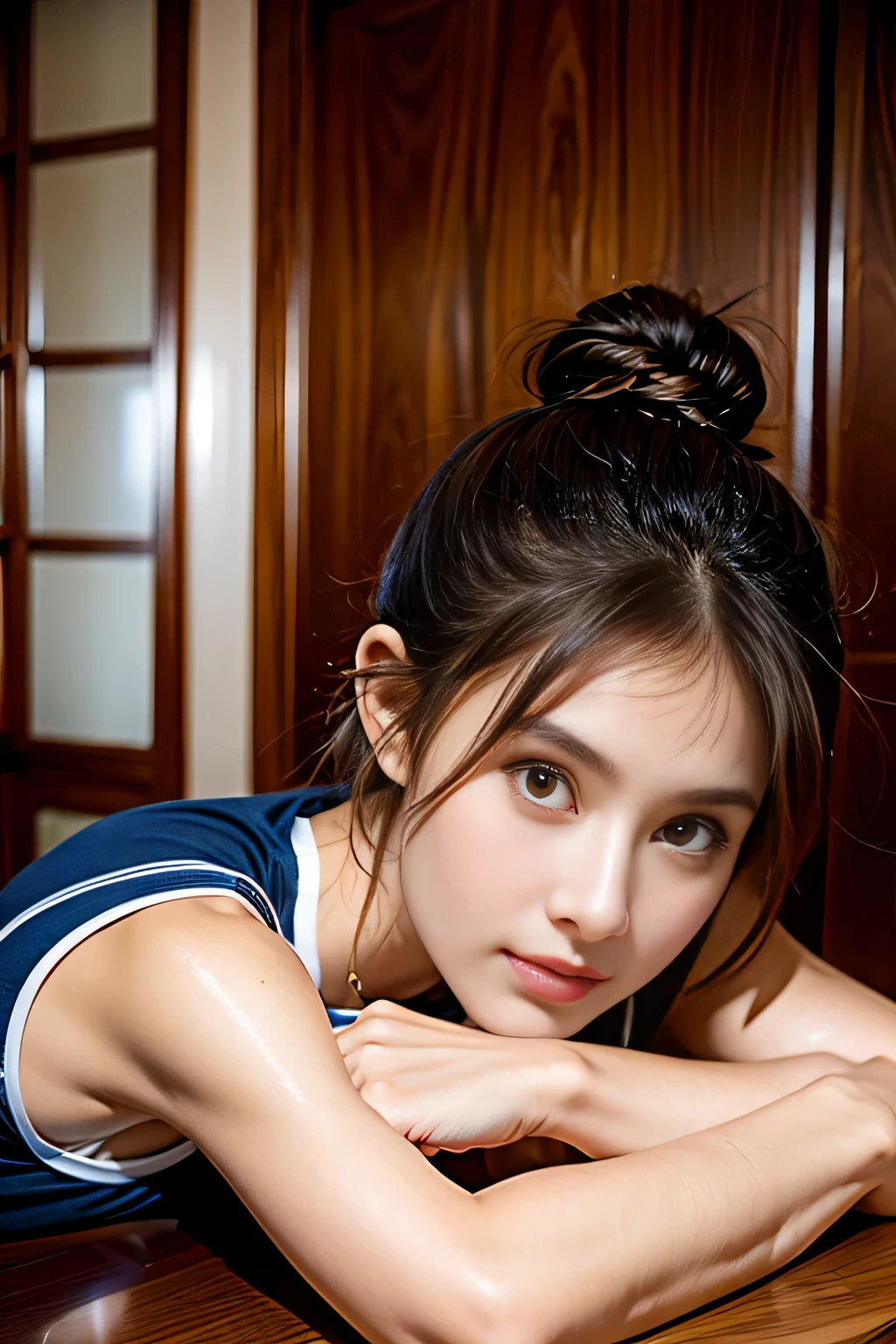 On a table、Best quality at best、A high resolution、Eleonora Pavinato, 13 year old, Young headshot in the room sweet z dużym dekoltem brunette bun hair oczami sekswina, Sendada Enlakama HD avatar