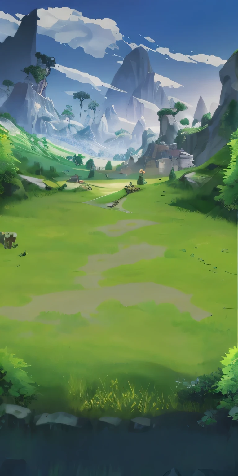 There is a cartoon picture,In the background is a green field,There is a mountain, arte de fundo, mobile game background, elf forest background, distant forests, arena background, Magical battlefield background, videogame background, odin's stone arena background, Magical battlefield background, distant village background, game background, Made of trees and fantasy valley, arte de fundowork, Valle exuberante