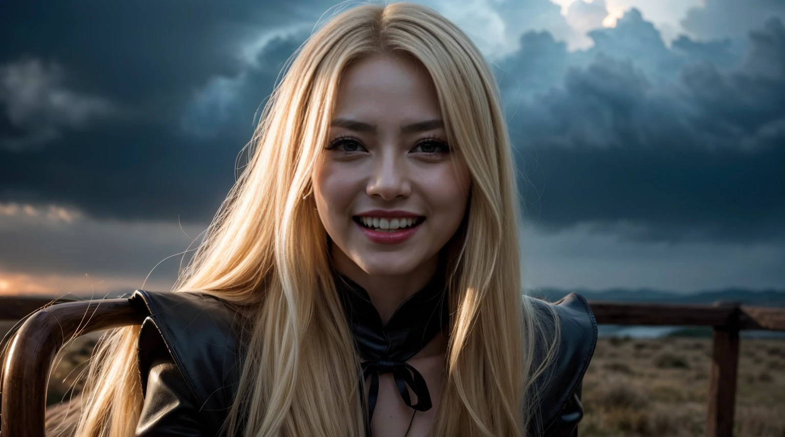 Best Quality, Masterpiece, The ultra-Highres, (Photorealistic:1.4), Raw foto, 1Vampire Girl, with long blond hair, detailed eyes and face, (Weeing Black Vampire Costume, Bring me a mace), Spot lighting, Dark In, Deep Shadow, Low Key, Cowboy Shot Telegraph, ((open eyes:0.4)), ((Smile, His vampire fangs visible in his mouth)), Lightning clouds,