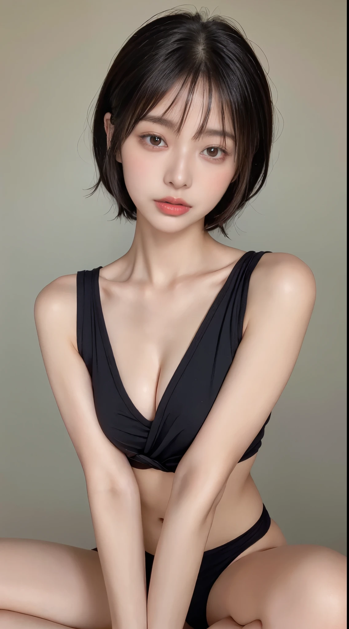 Best quality at best, A high resolution,，High-definition original image，orange one，slim beauty 1，black bob hair，Full body photo of the front，sexyposture