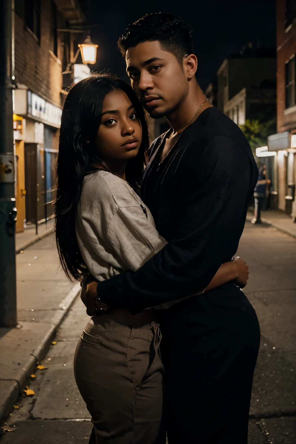 wilmer valderrama hugging Justine Skye on a very dark street in the bronx at night. She's wearing a loose, comfortable linen shirt and sweatpants, with her straight black hair down her back. creating shadows on her face, She's her dark brown skin glows in the streetlight