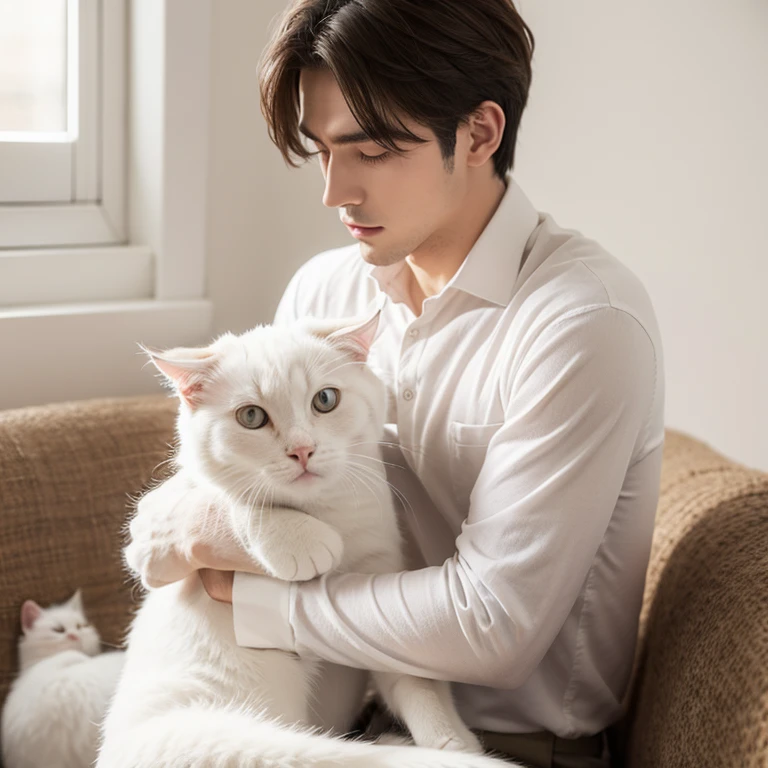 White cat with handsome man